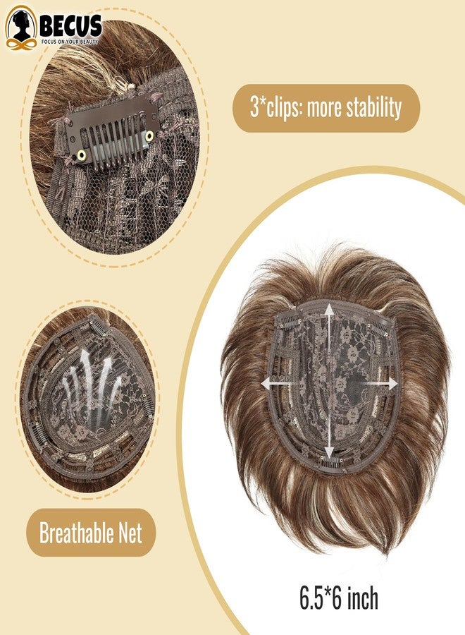 BECUS Brown Hair Topper for Women,Hair Pieces Clip-In 360° 3D Cover, Toppers Short Synthetic Bangs for Thinning Hair, 6.5X6 Daily Wear(Dark Brown with Blonde Highlights) - Image 4